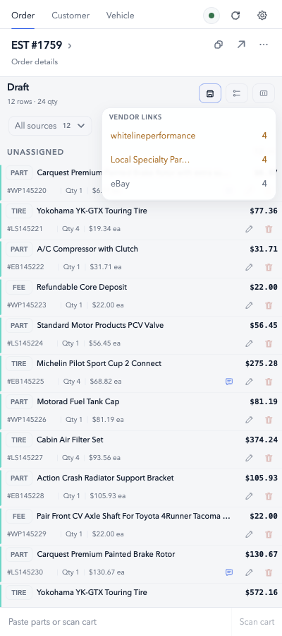 Sidecar showing supplier lines and vendor assignments in a sample draft